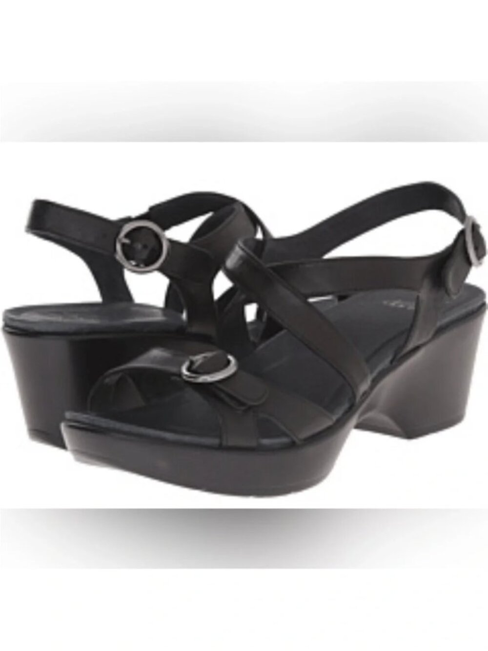 Dansko Julie Black Leather Strappy Wedge Sandals, EU 38 (US 7.5-8)